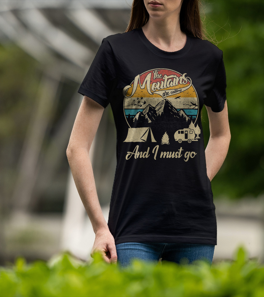 The Mountains Are Calling And I Must Go Vintage 80s Camping Scene T-Shirt