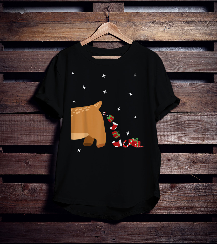 Xmas Sick Reindeer Costume Matching Couple With Stars And Falling Candy Cane Presents T-Shirt