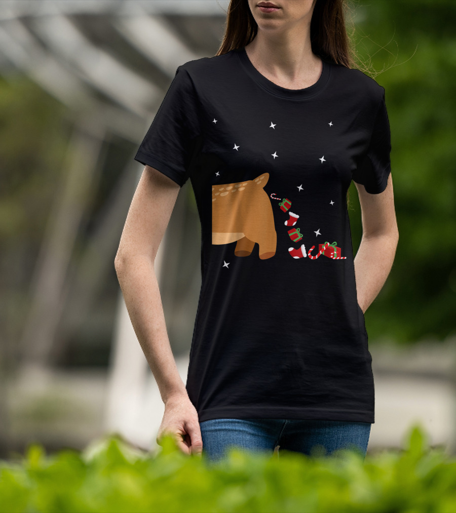 Xmas Sick Reindeer Costume Matching Couple With Stars And Falling Candy Cane Presents T-Shirt