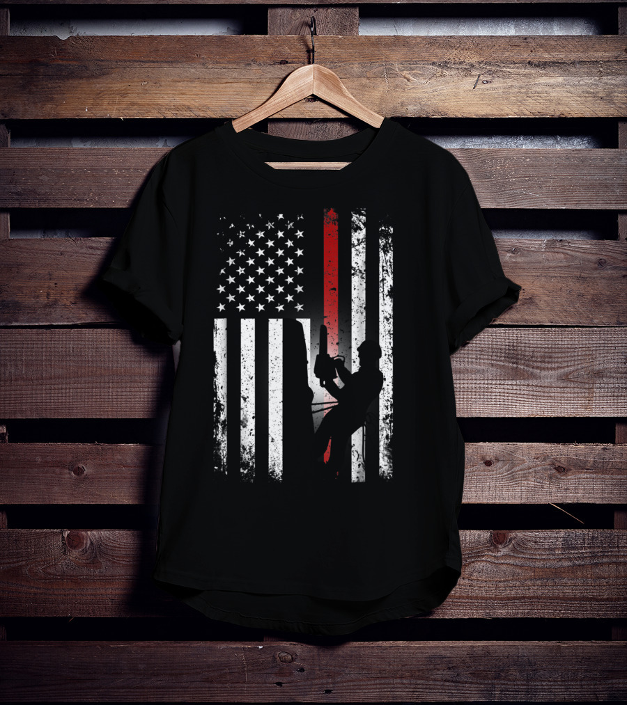 Patriotic Arborist Distressed American Flag With Climber And Chainsaw T-Shirt
