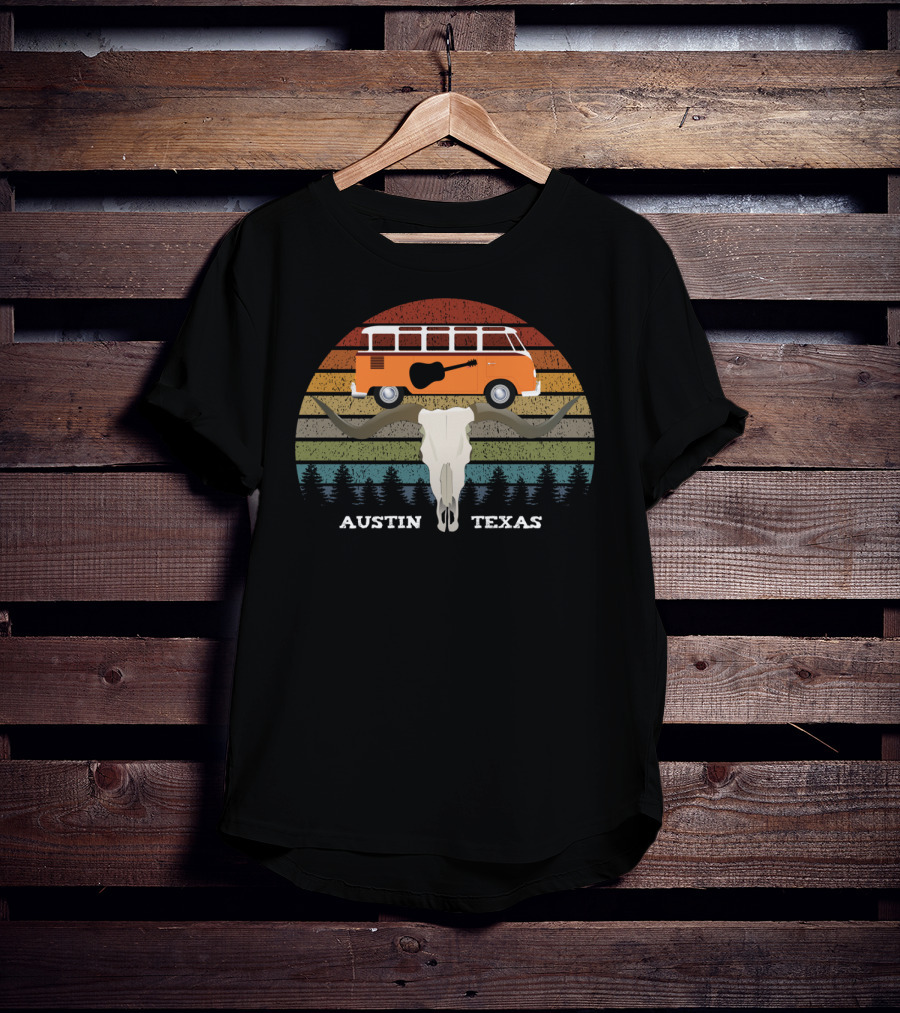 Austin Texas Sunset Van Guitar Skull Forest Vintage T-Shirt