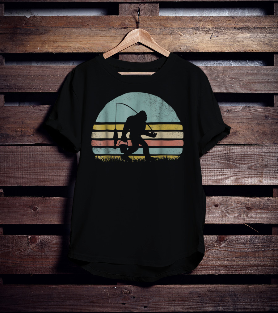 Awesome Bigfoot Fishing At Sunset Silhouette Retro Stripes T-Shirt
