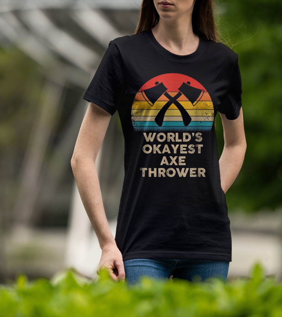 World's Okayest Axe Thrower Retro Axes Crossed Sunset T-Shirt