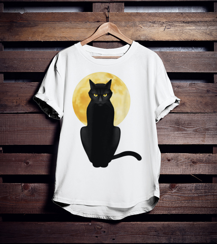 Black Cat Yellow Eyes Full Moon T-Shirt