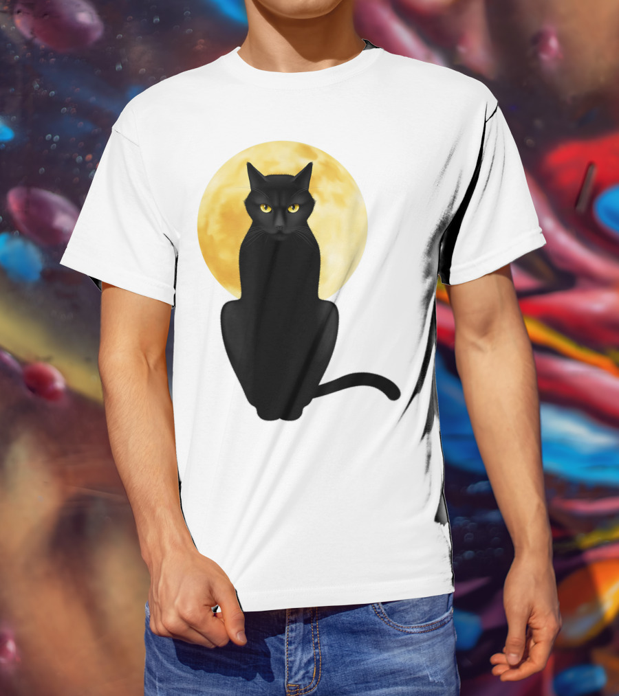 Black Cat Yellow Eyes Full Moon T-Shirt