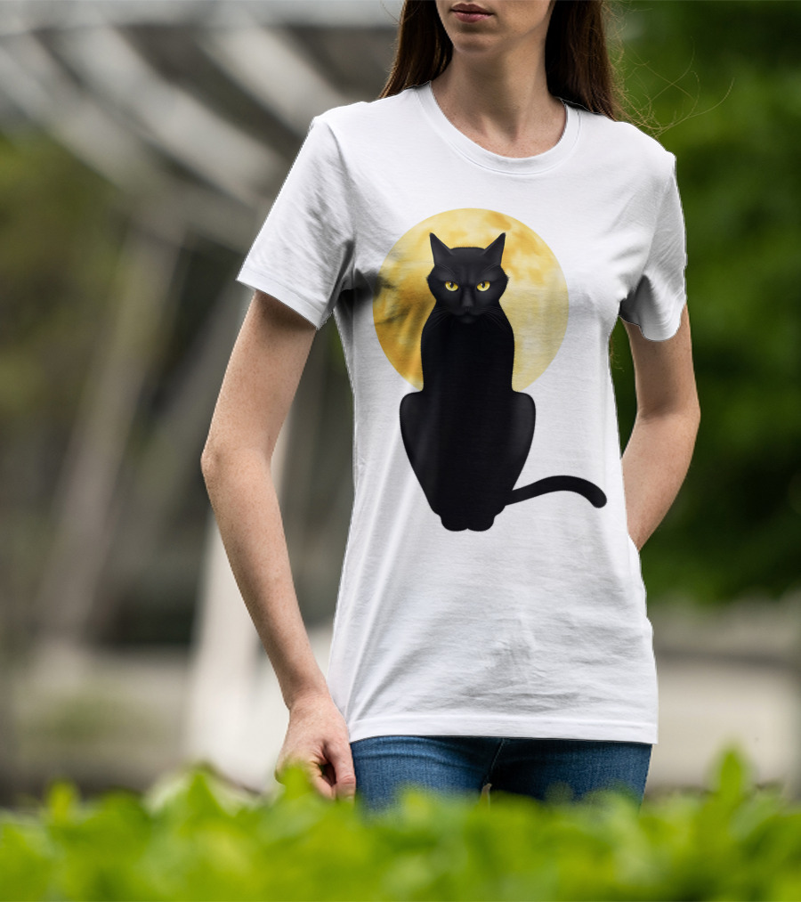 Black Cat Yellow Eyes Full Moon T-Shirt