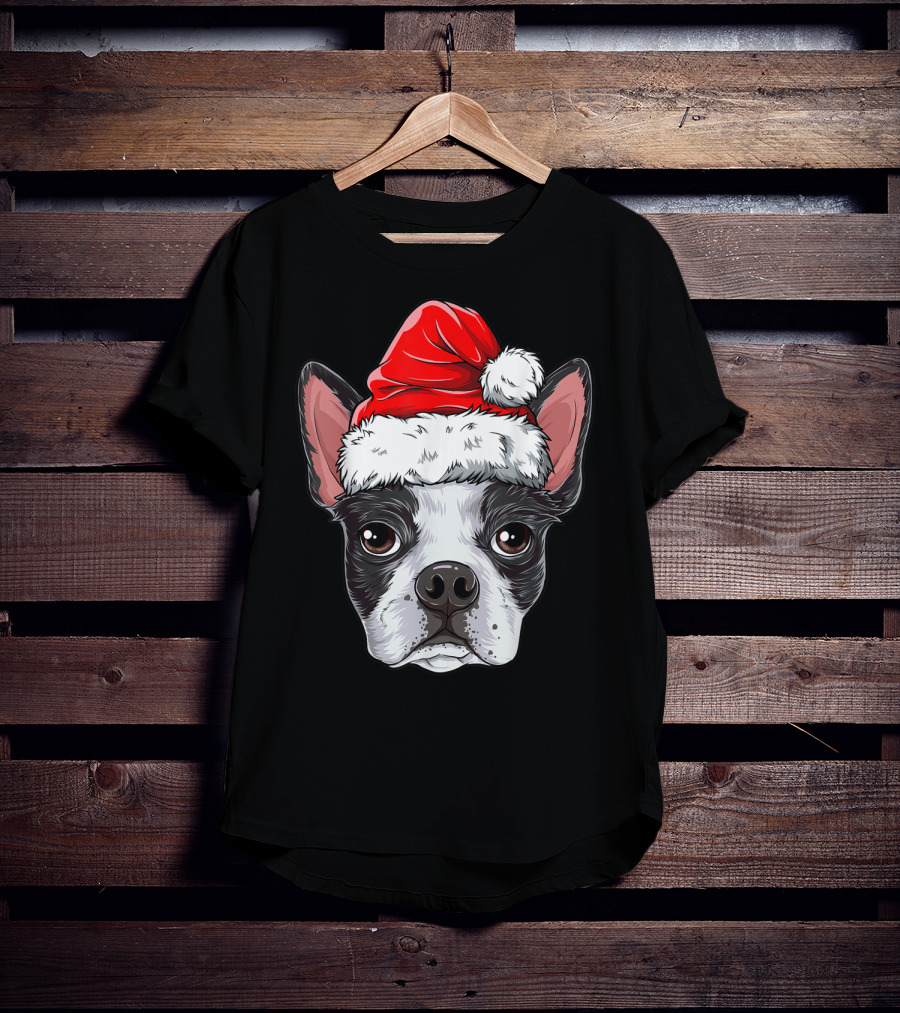 Boston Terrier Christmas Dog Santa Hat T-Shirt