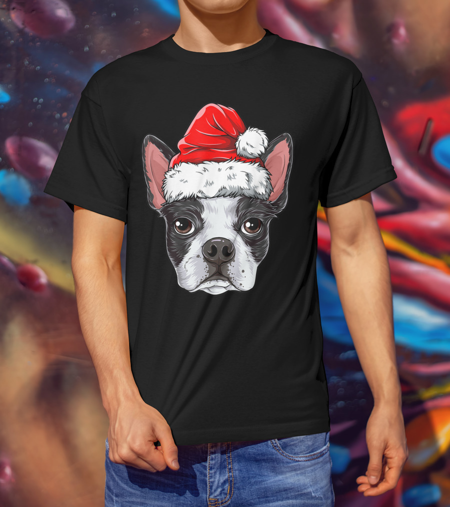 Boston Terrier Christmas Dog Santa Hat T-Shirt