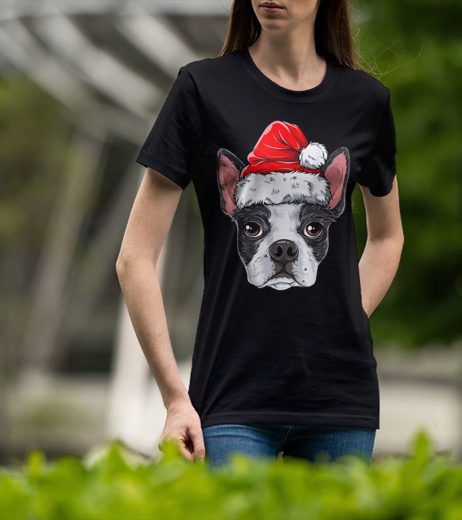 Boston Terrier Christmas Dog Santa Hat T-Shirt