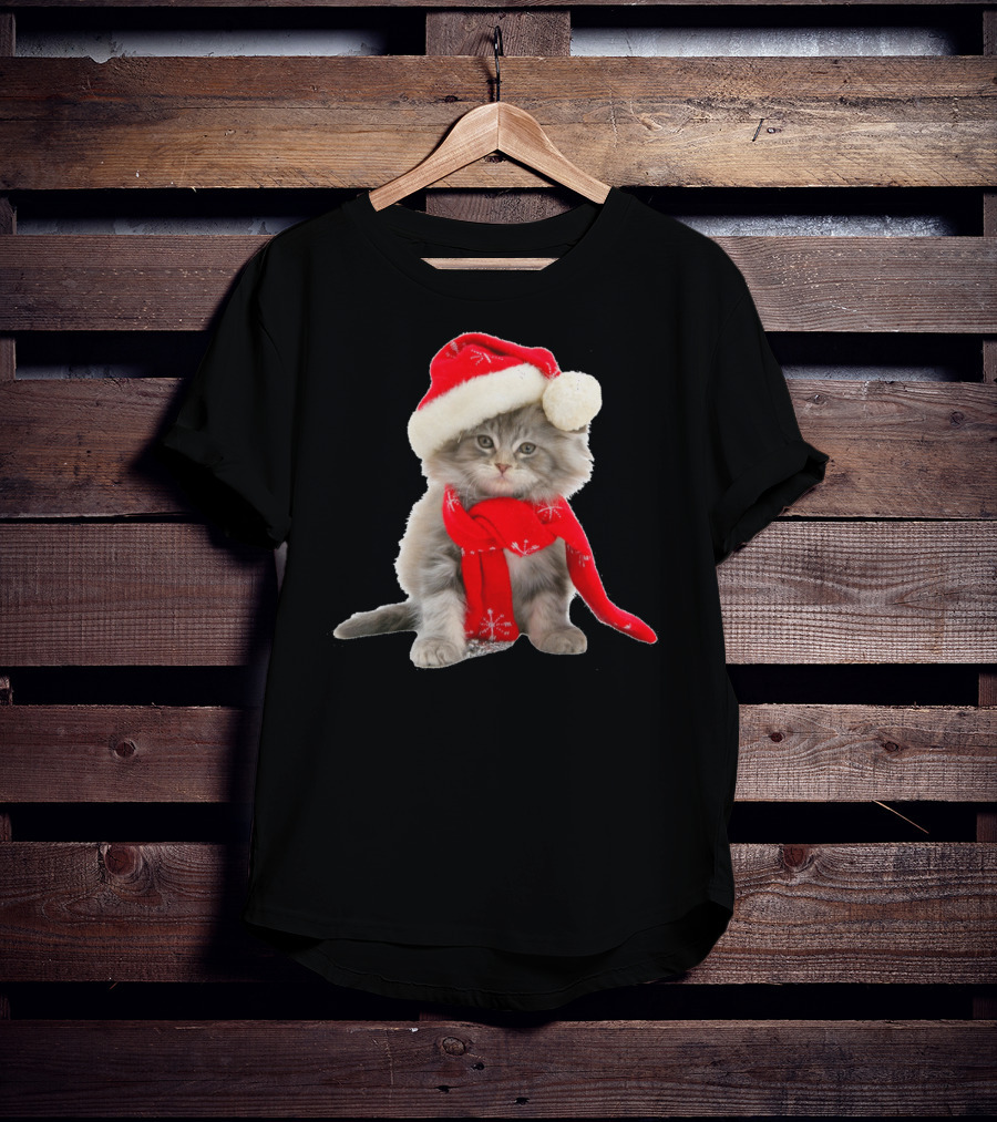 Cat Kitten In Santa Hat And Red Scarf T-Shirt