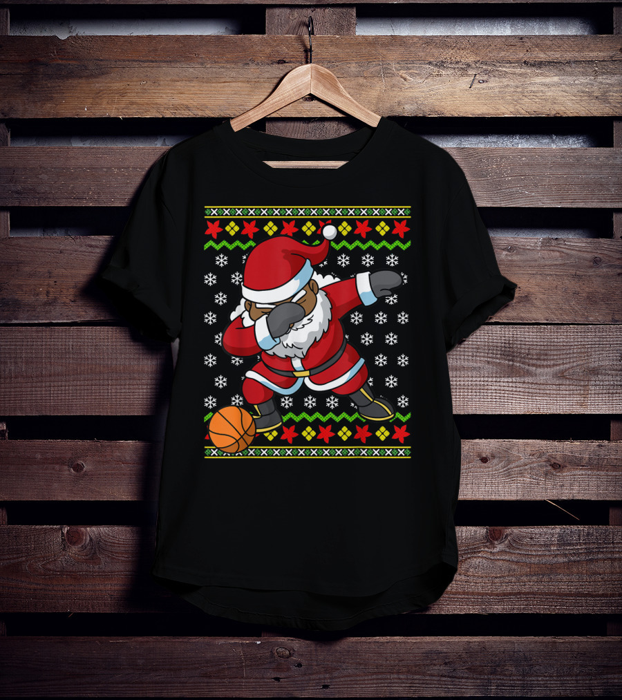 Christmas Black African American Santa Dabbing Basketball Ugly T-Shirt
