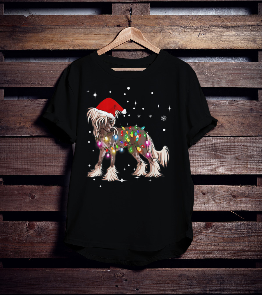 Christmas Lights Chinese Crested Dog With Santa Hat And Stars T-Shirt