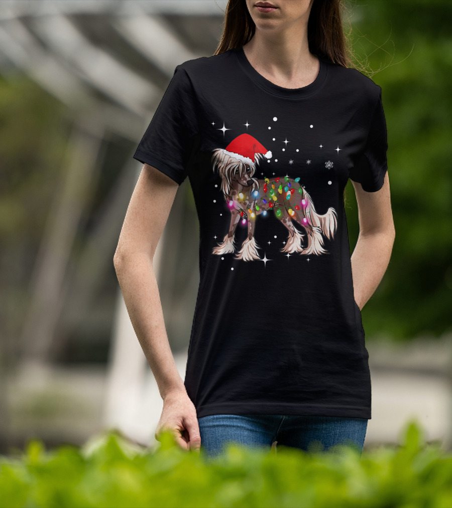 Christmas Lights Chinese Crested Dog With Santa Hat And Stars T-Shirt