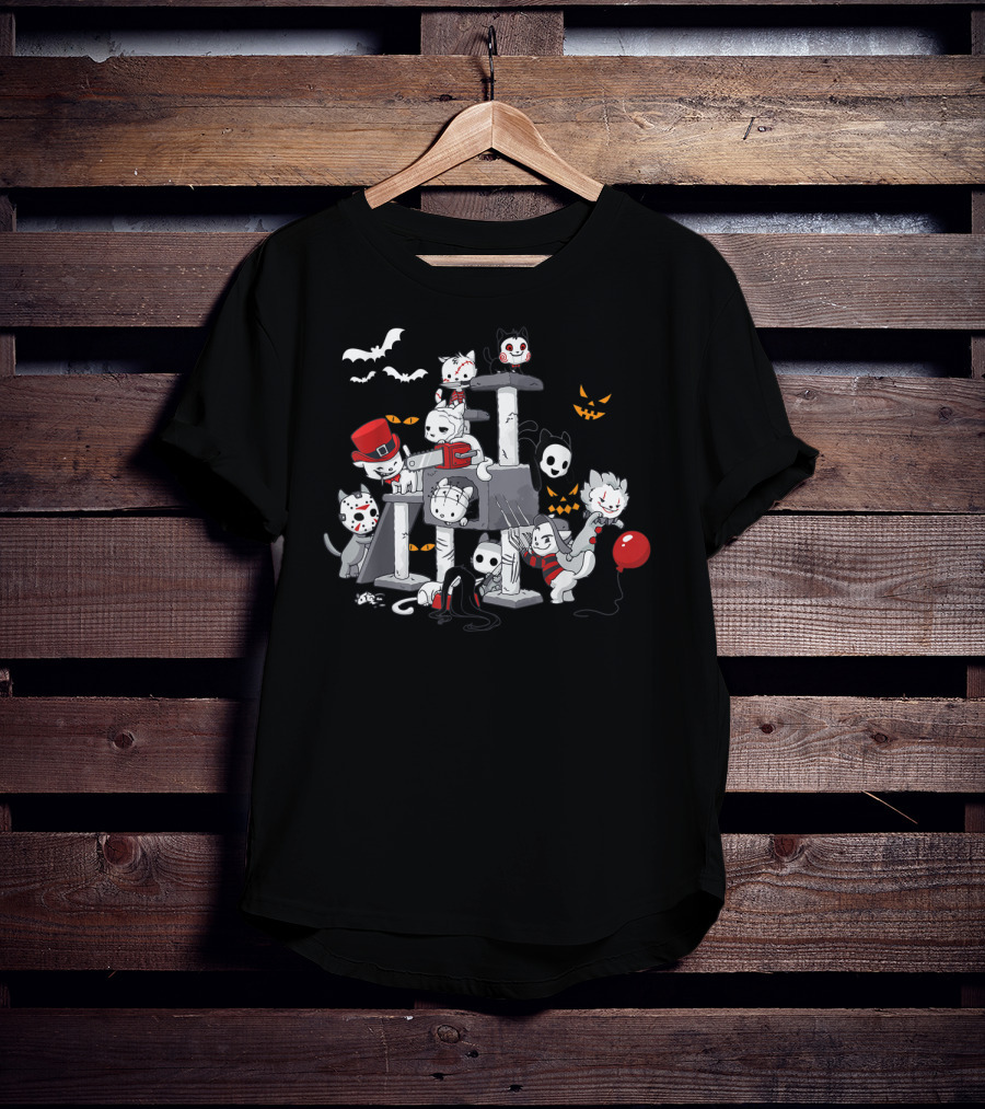Cats Dressed As Iconic Creeps For Halloween Horror Movie Night T-Shirt