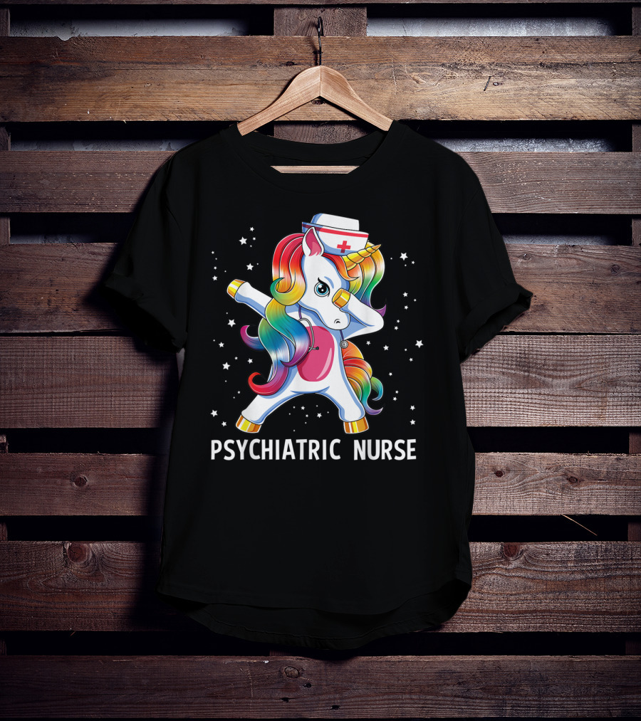 Dabbing Unicorn Rainbow Psychiatric Nurse With Nurse Hat And Stars T-Shirt