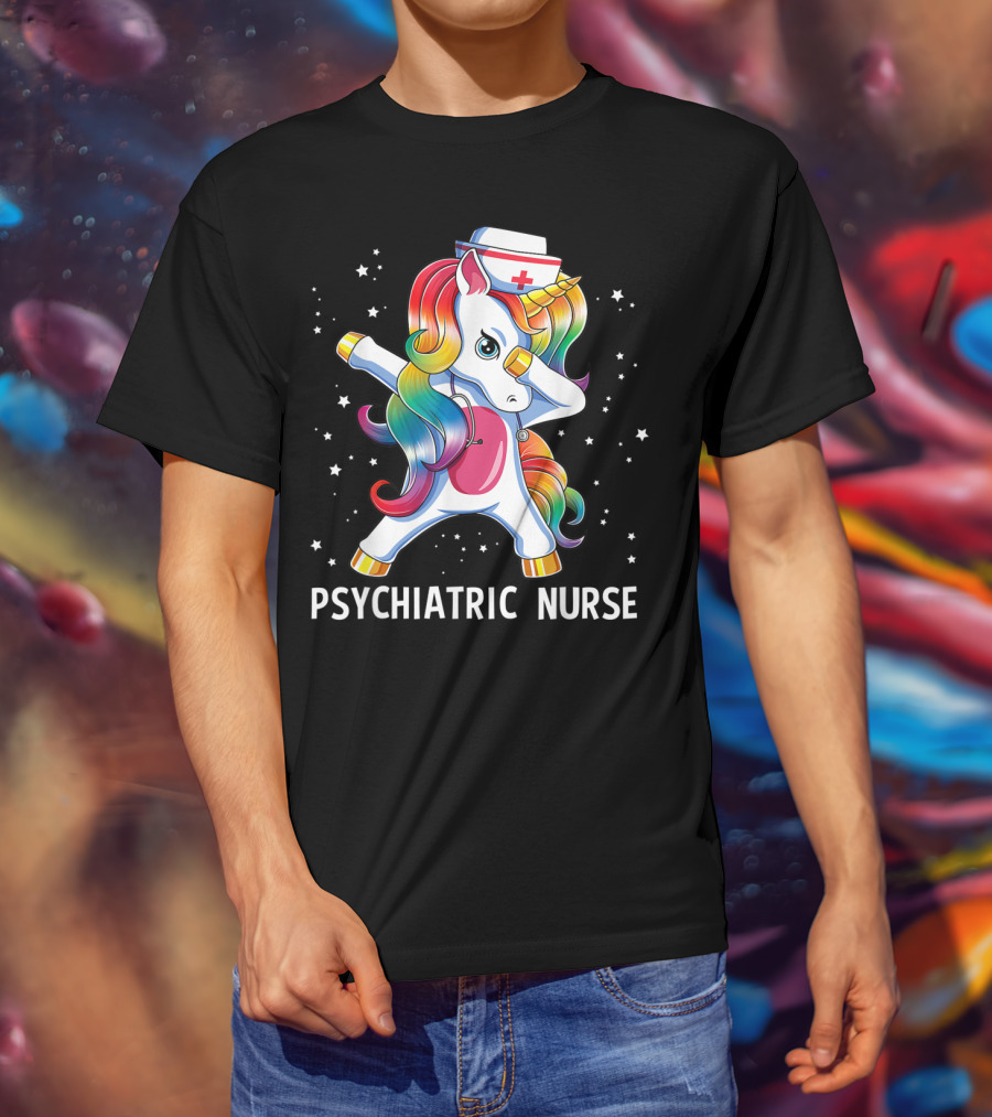 Dabbing Unicorn Rainbow Psychiatric Nurse With Nurse Hat And Stars T-Shirt