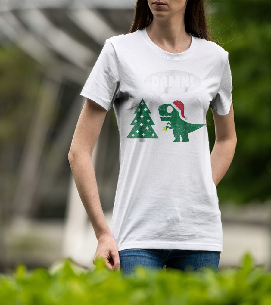 Damn Trex Hates Christmas Dinosaur Lover Funny Santa Dinosaur With Christmas Tree T-Shirt