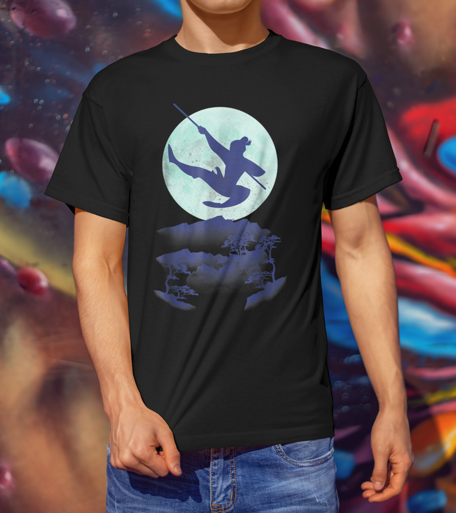 Disney Mulan Warrior Jump Against Full Moon Night Sky T-Shirt