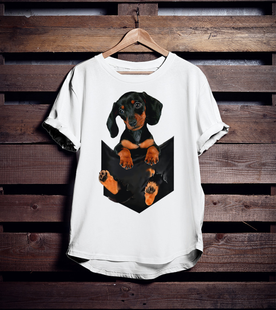 Doxie Dachshund Puppy Dog In Pocket T-Shirt
