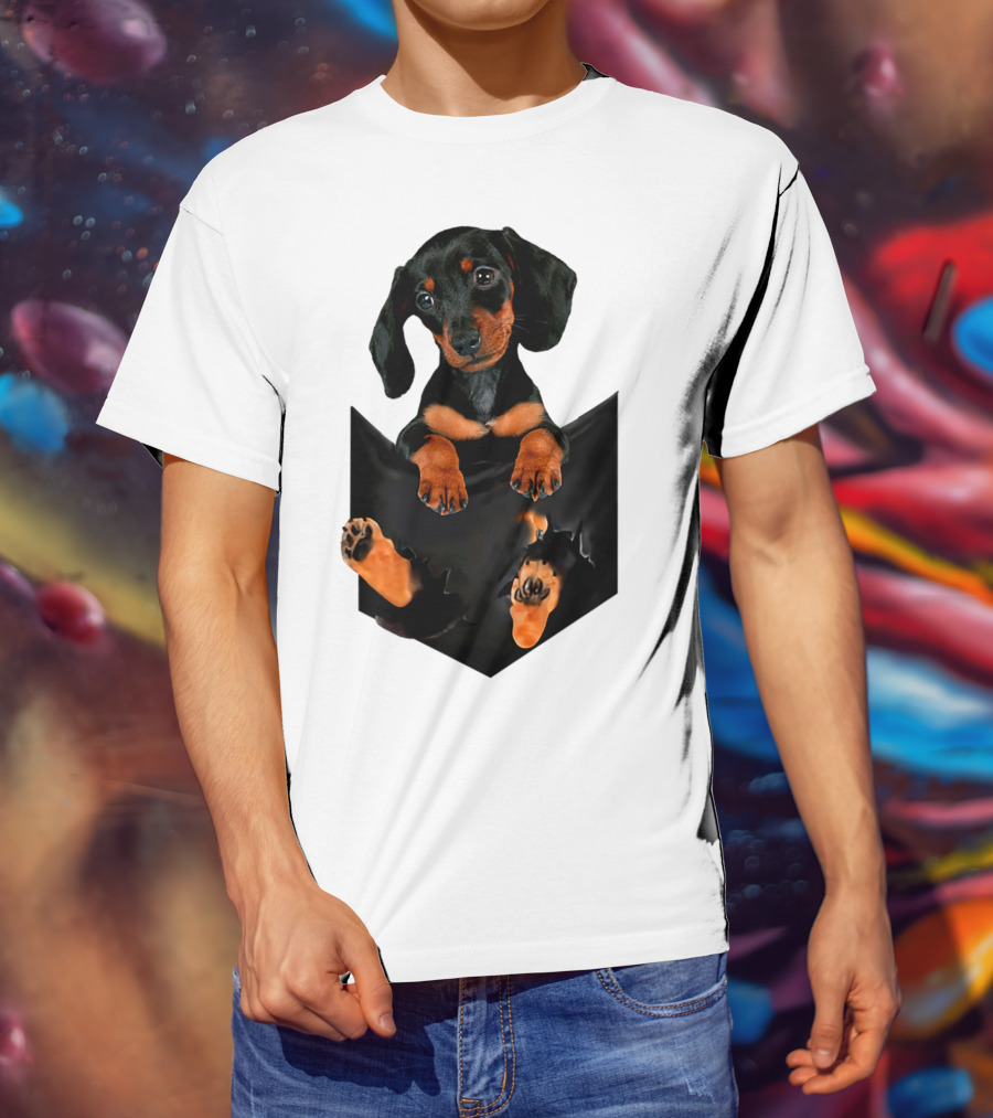 Doxie Dachshund Puppy Dog In Pocket T-Shirt