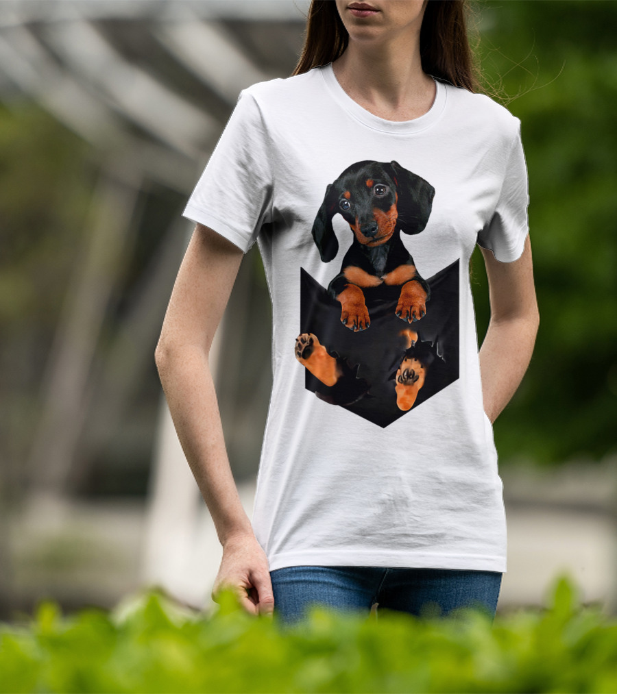 Doxie Dachshund Puppy Dog In Pocket T-Shirt