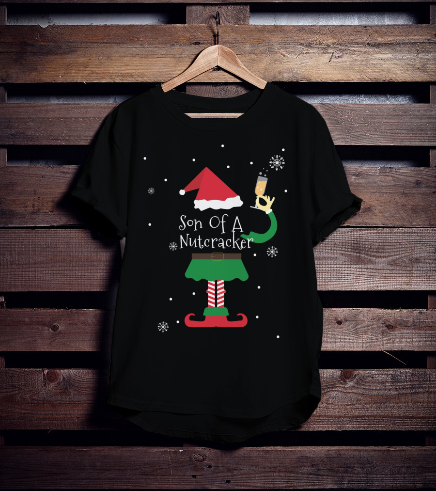 Son Of A Nutcracker Elf With Santa Hat And Champagne Glass T-Shirt
