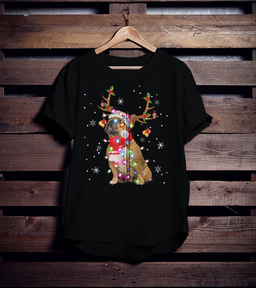 French Bulldog Reindeer Antlers Santa Hat Christmas Lights T-Shirt