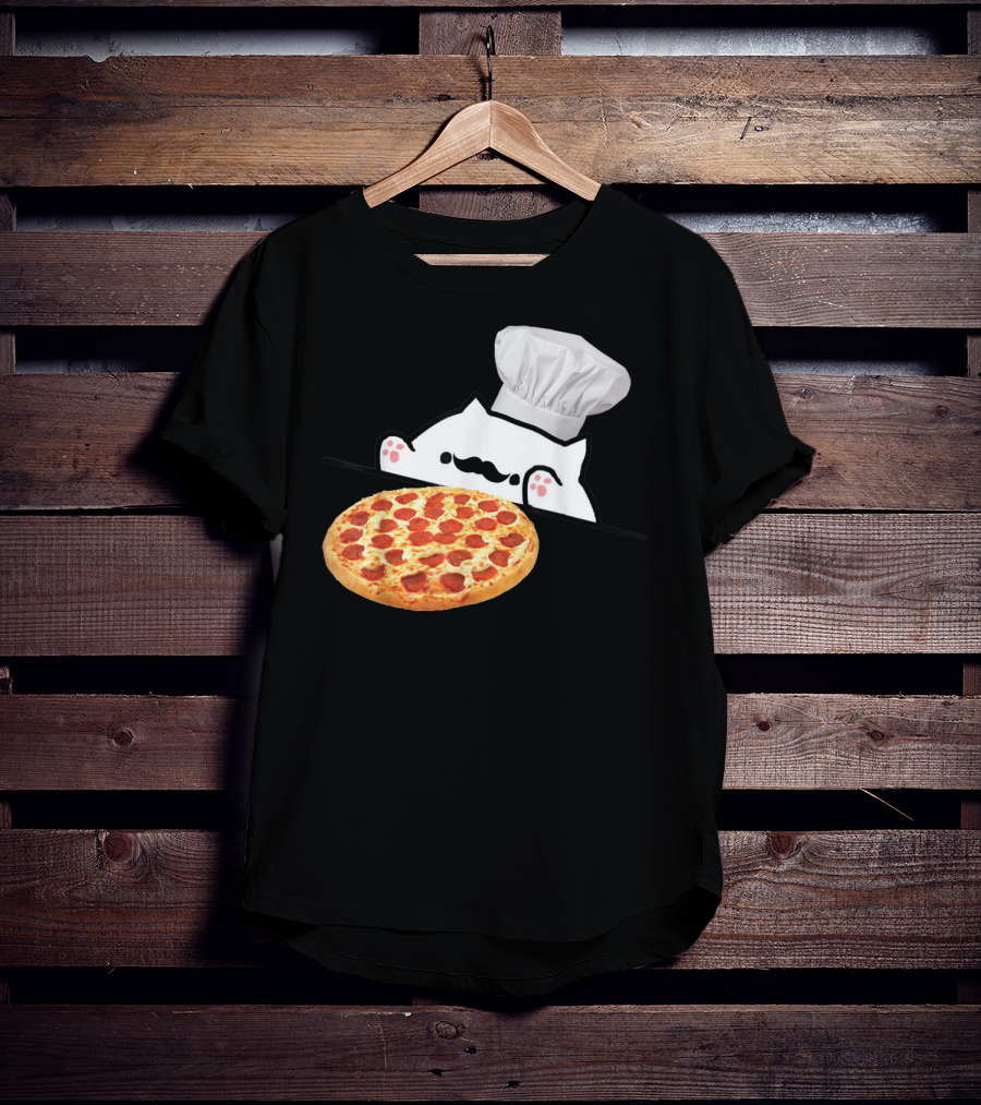 Bongo Cat Pizza Chef With Mustache And Pepperoni Pizza Humor T-Shirt