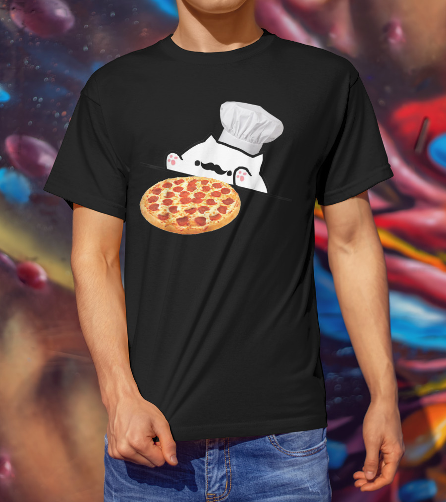 Bongo Cat Pizza Chef With Mustache And Pepperoni Pizza Humor T-Shirt