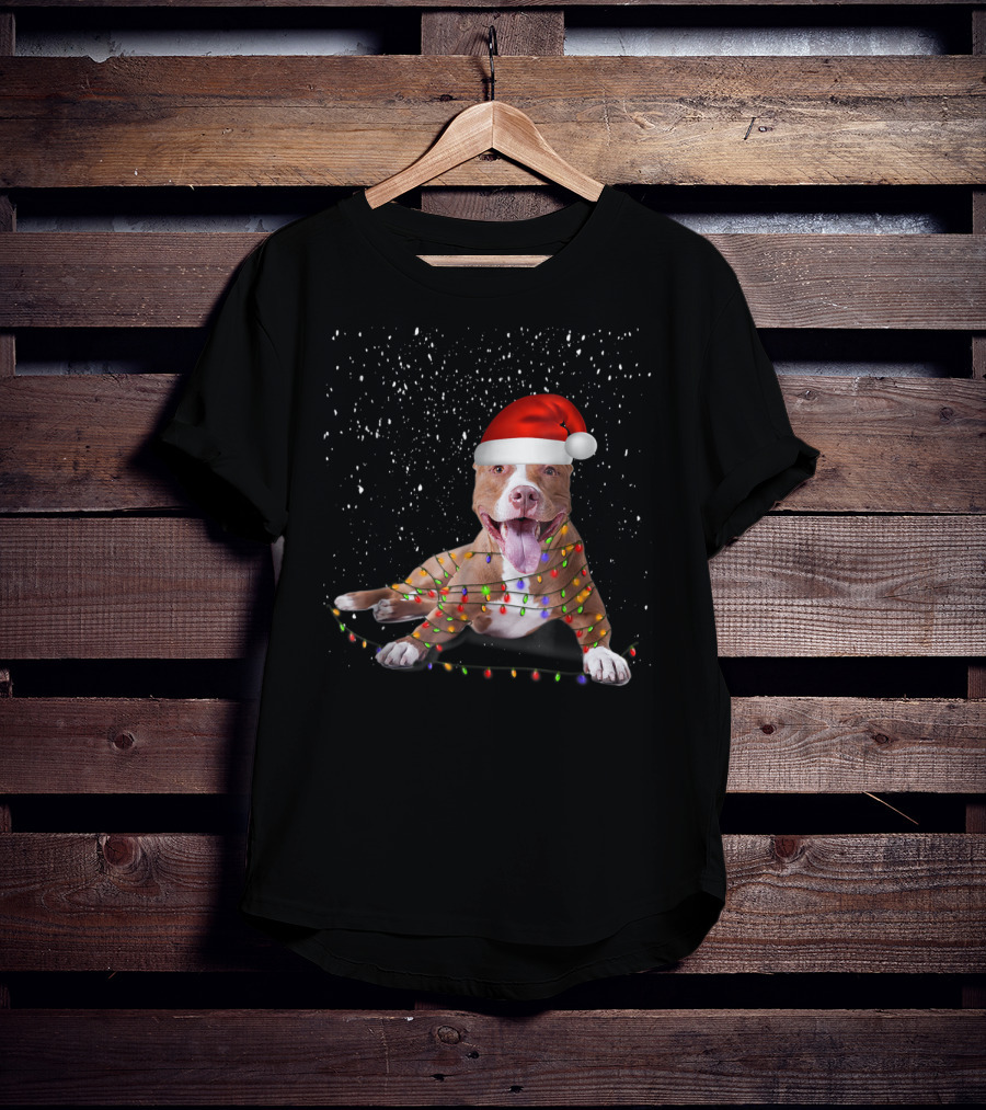 Merry Pitmas Pit Bull Christmas Dog With Santa Hat And Festive Lights T-Shirt