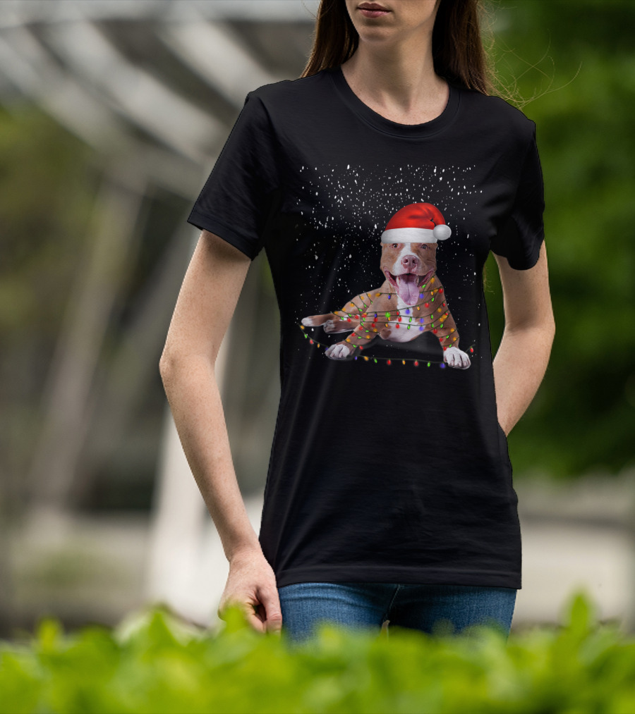 Merry Pitmas Pit Bull Christmas Dog With Santa Hat And Festive Lights T-Shirt