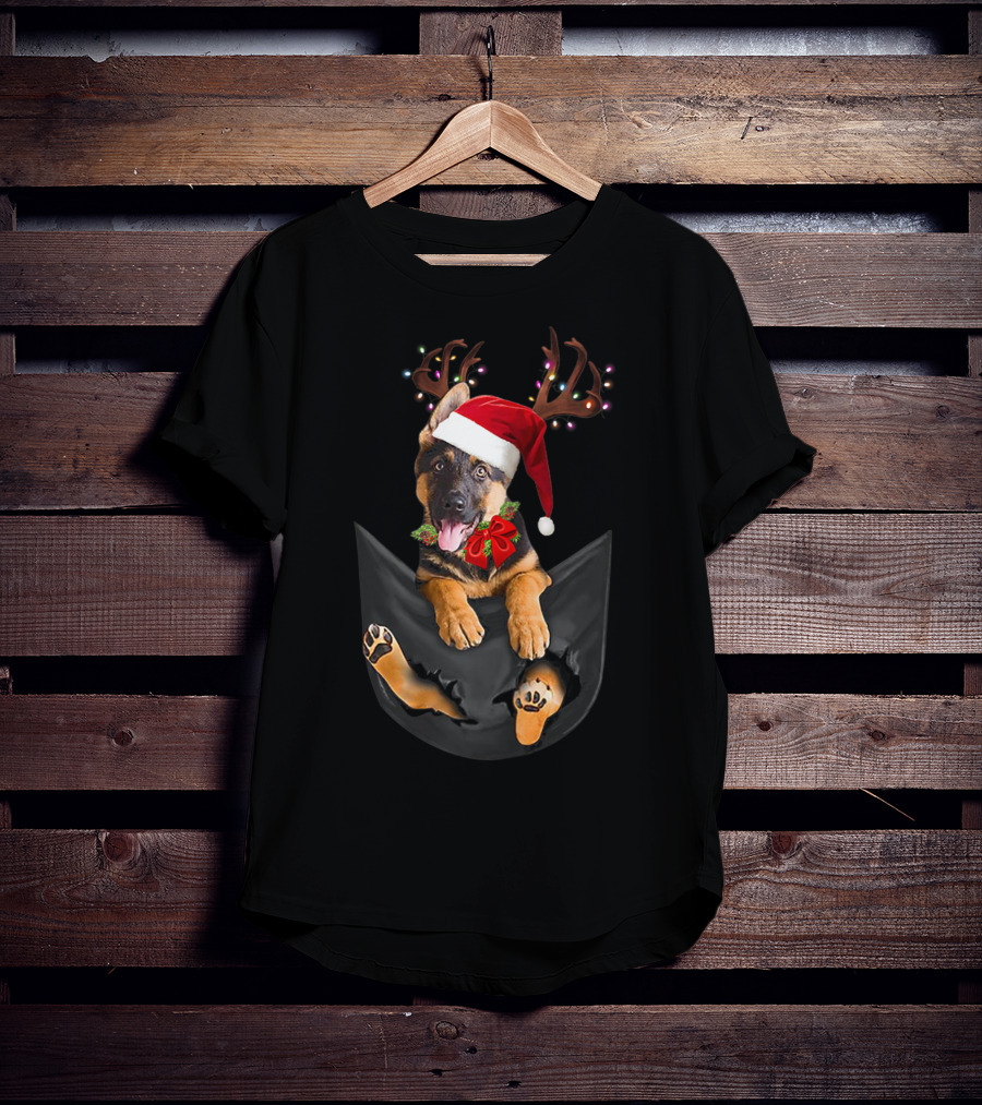 German Shepherd Christmas Dog With Santa Hat And Antlers In Your Pocket T-Shirt