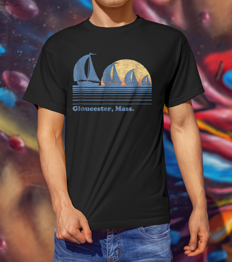 Gloucester Mass Vintage Sailboats And Sunset Scene T-Shirt