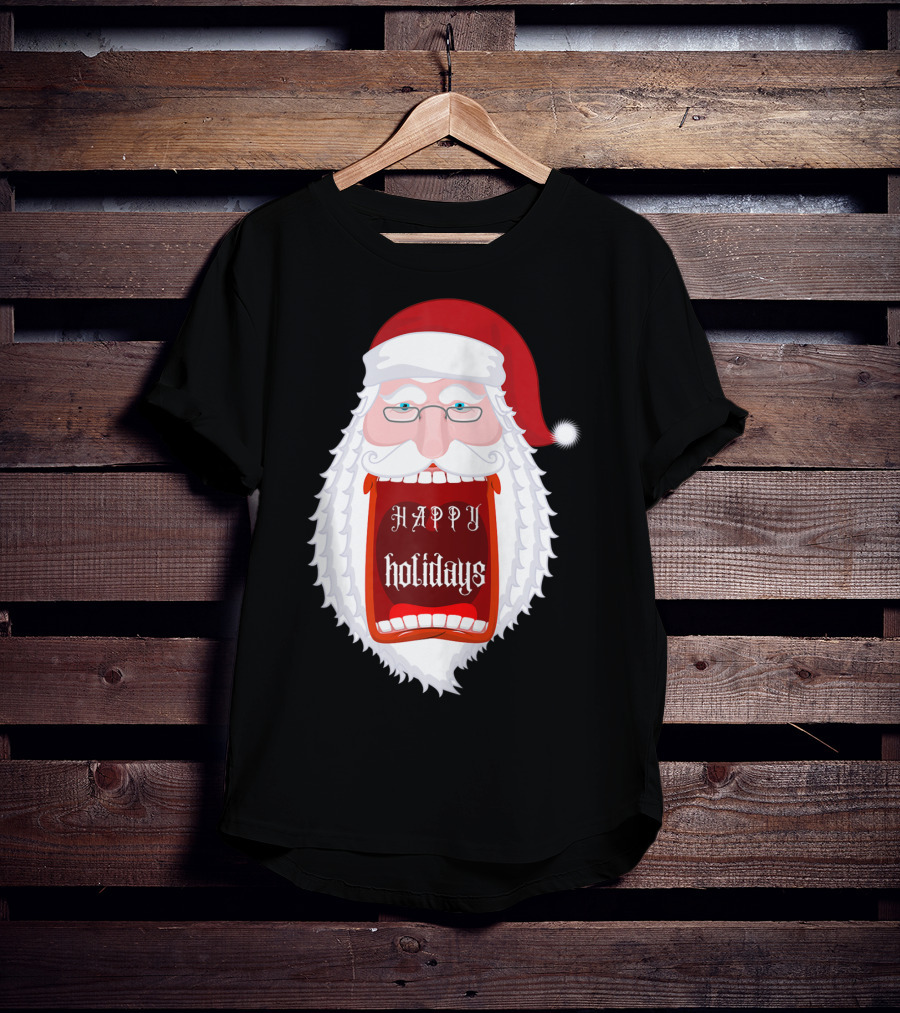 Happy Holidays Santa Zip Screaming Mouth With Glasses T-Shirt