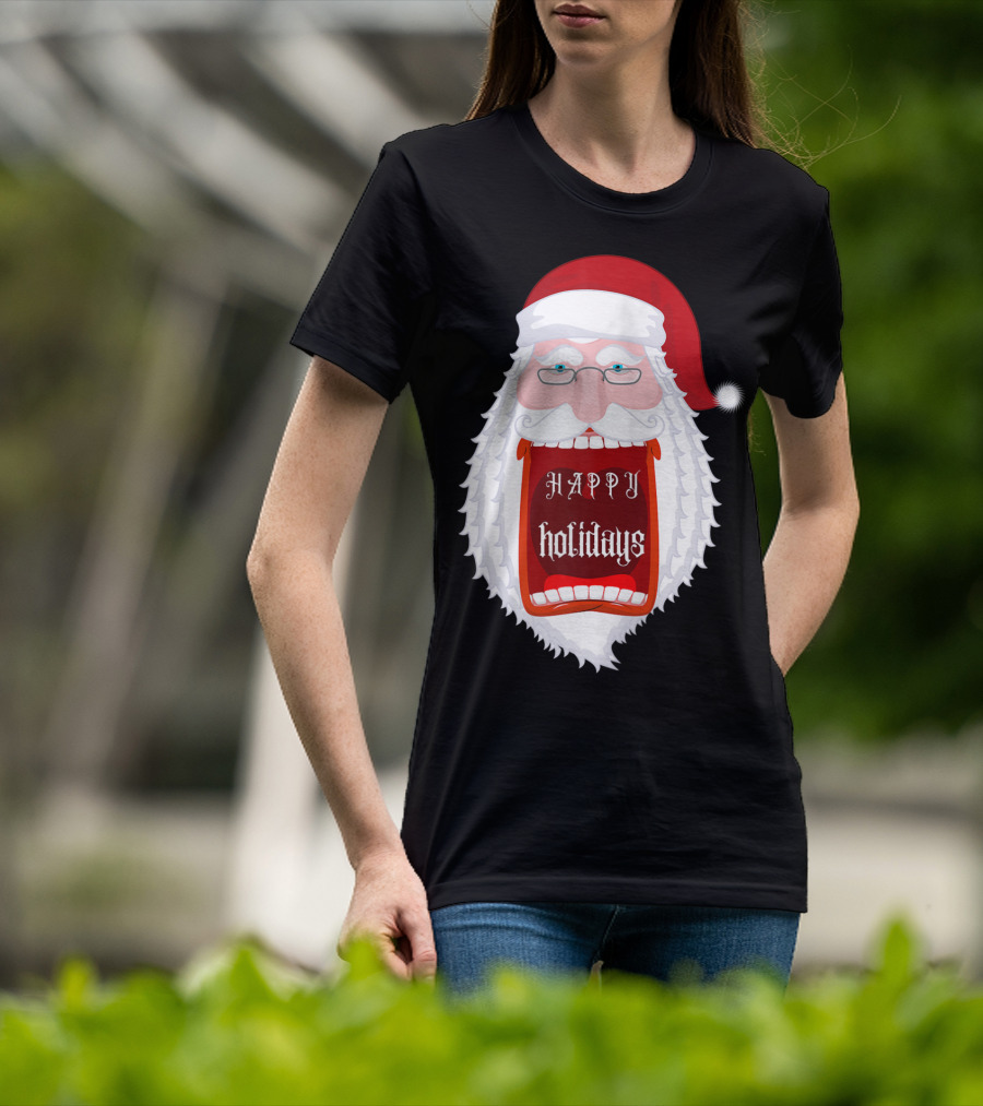 Happy Holidays Santa Zip Screaming Mouth With Glasses T-Shirt