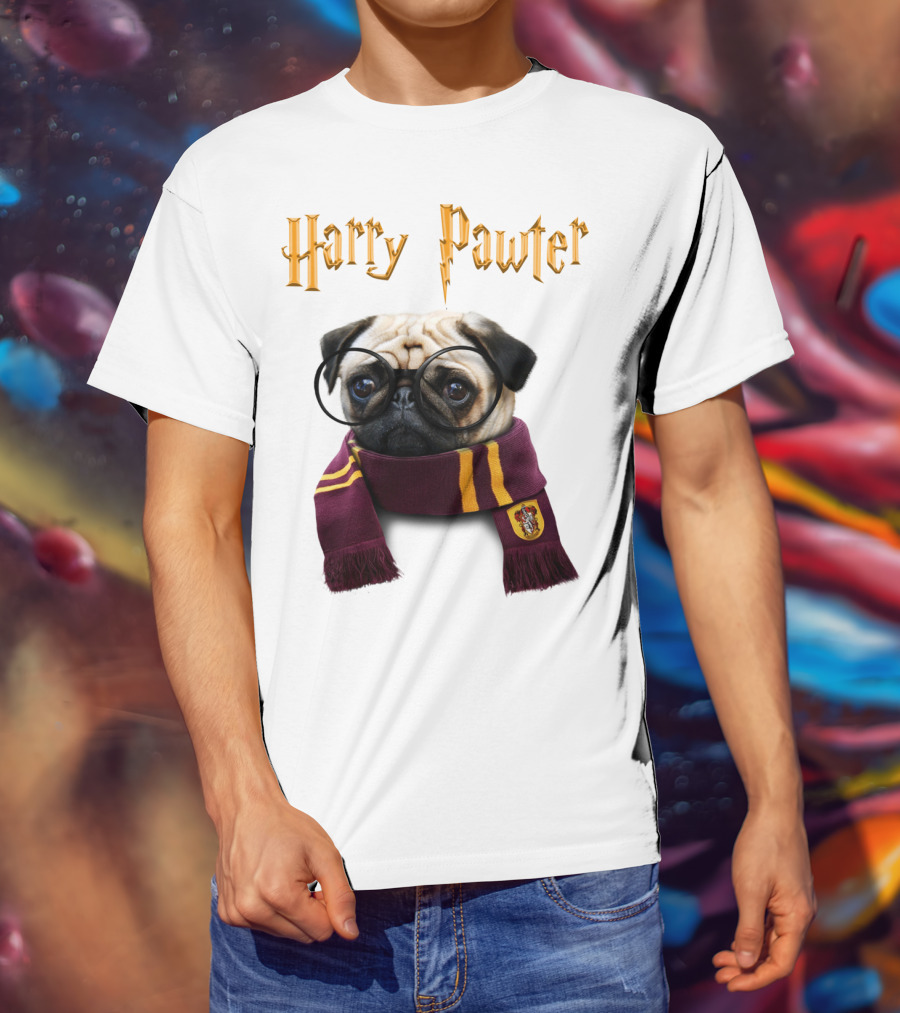 Harry Pawter Cute Puggy Dogs Potte Pups Wizard Pug With Glasses And Scarf T-Shirt