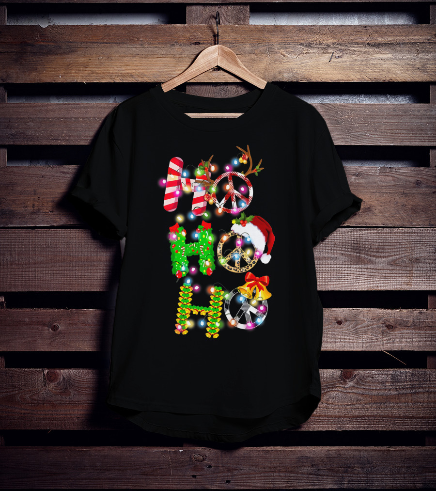 Ho Ho Ho Christmas Light Peace Sign Reindeer Santa Hat T-Shirt