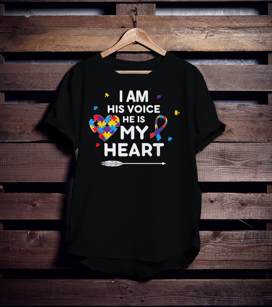 I Am His Voice He Is My Heart Puzzle Piece Ribbon Autism Awareness T-Shirt