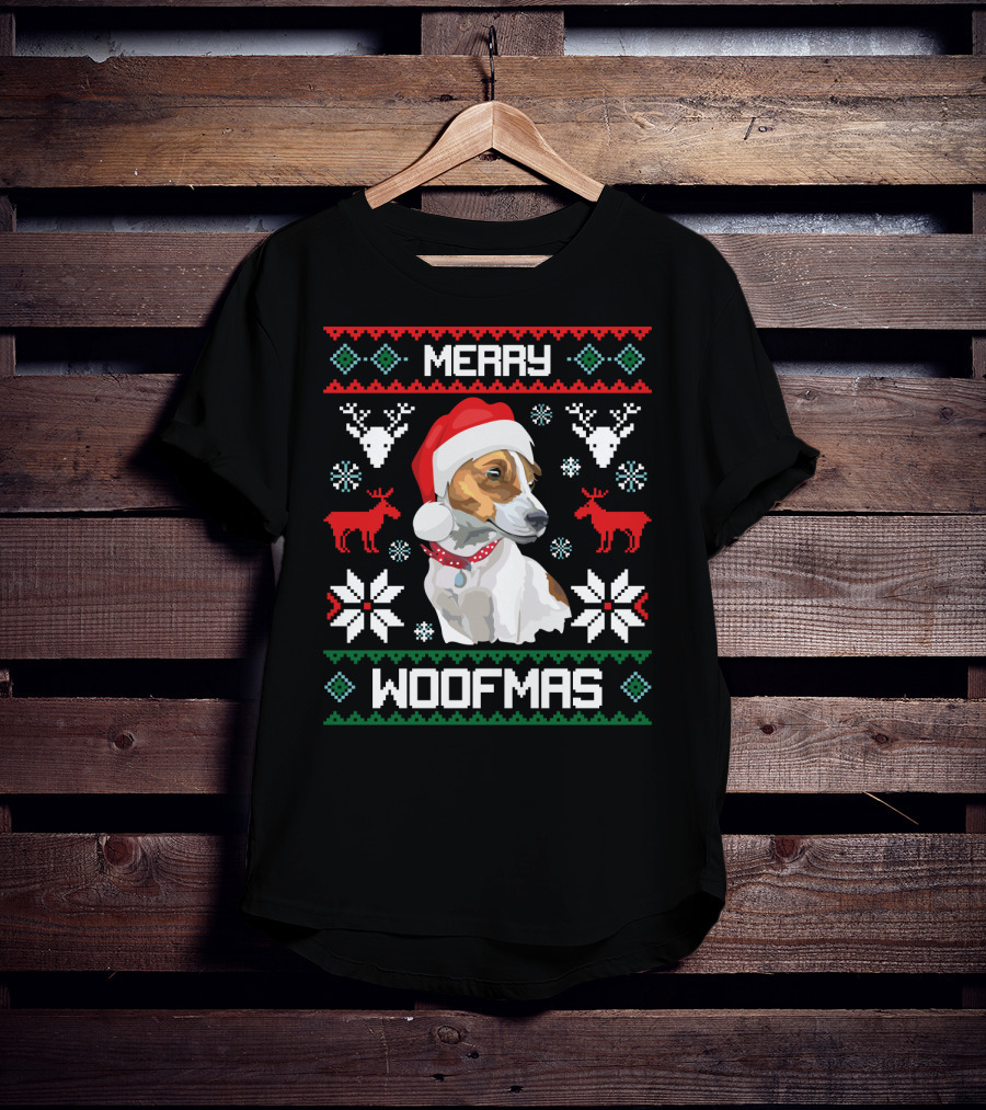 Merry Woofmas Jack Russell Terrier Dog Christmas Santa Hat T-Shirt