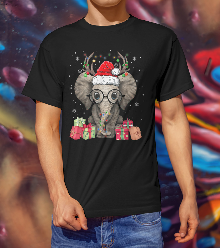 Christmas Cute Elephant Santa Reindeer With Gifts And Snowflakes T-Shirt