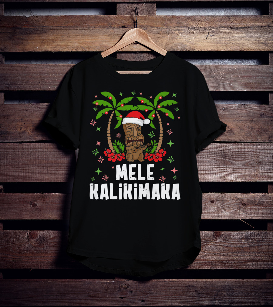 Mele Kalikimaka Santa Tiki Hawaiian Christmas Palms T-Shirt