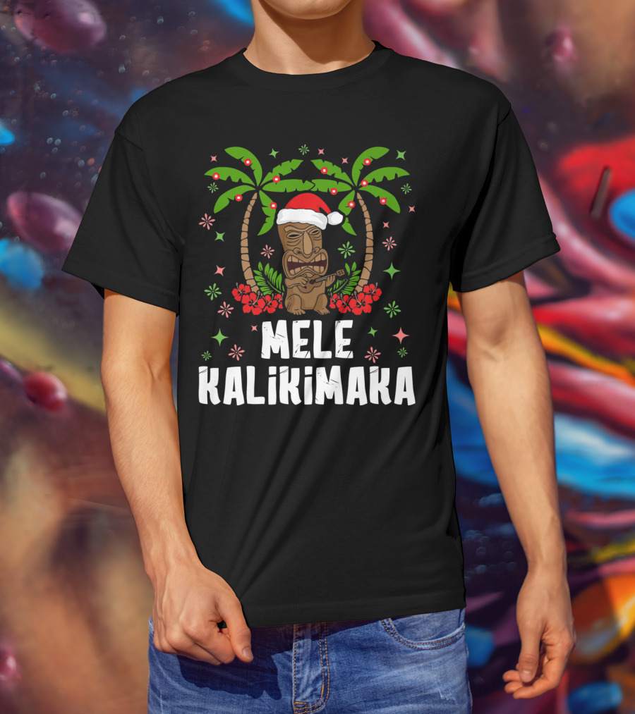 Mele Kalikimaka Santa Tiki Hawaiian Christmas Palms T-Shirt