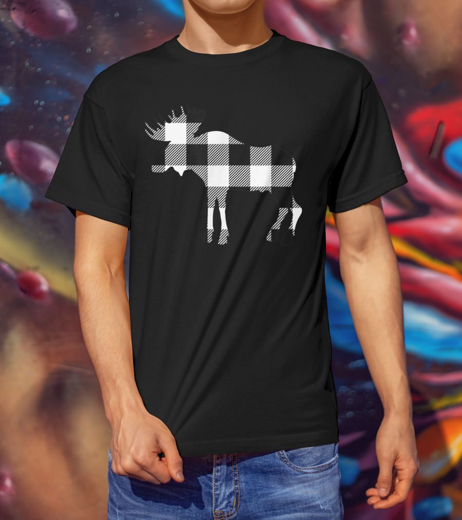 Classic White Black Buffalo Plaid Moose Christmas T-Shirt