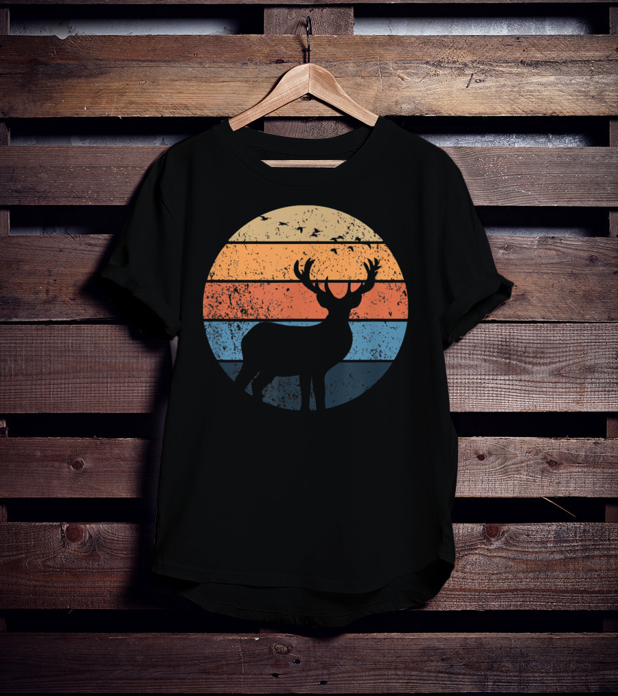 Deer Hunters Vintage Sunset Silhouette With Flying Birds T-Shirt