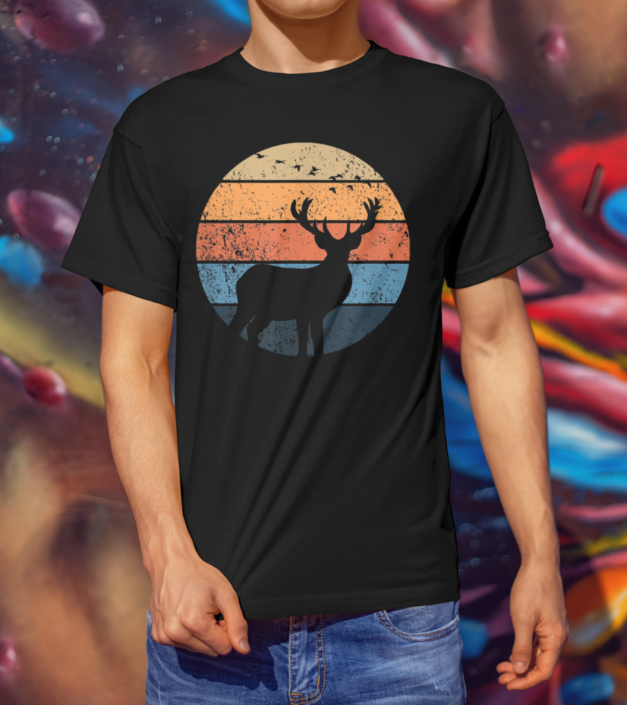 Deer Hunters Vintage Sunset Silhouette With Flying Birds T-Shirt