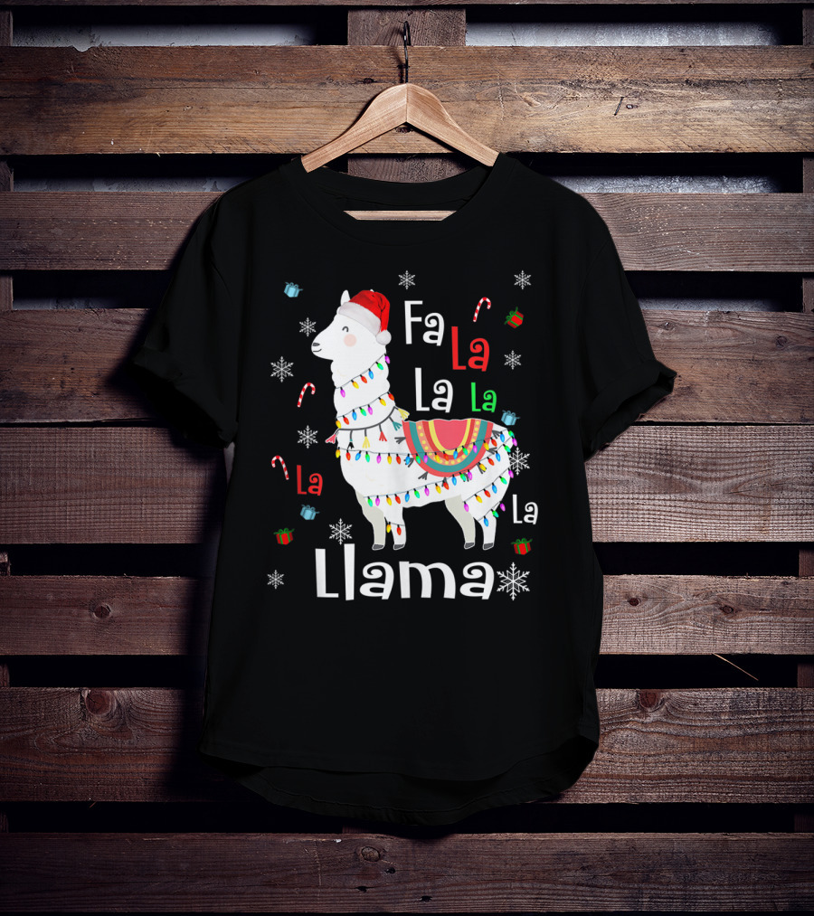 Fa La La Llama Llama Christmas Lights And Santa Hat With Candy Canes Snowflakes And Presents T-Shirt