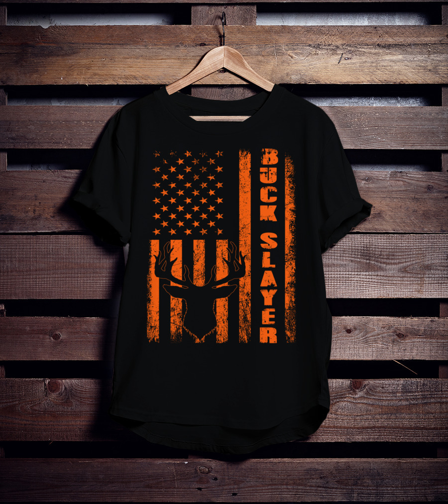 Buck Slayer Blaze Orange Deer American Flag T-Shirt