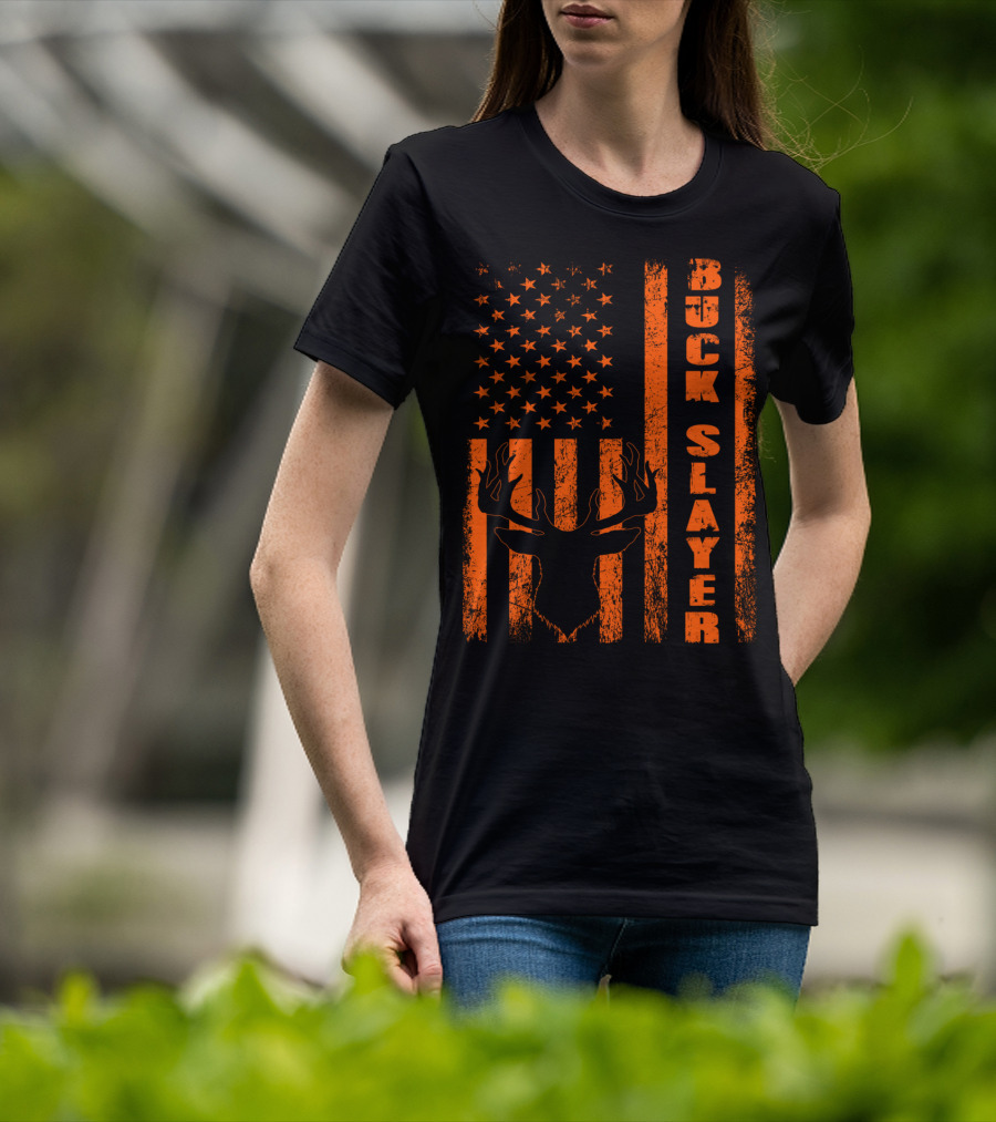 Buck Slayer Blaze Orange Deer American Flag T-Shirt