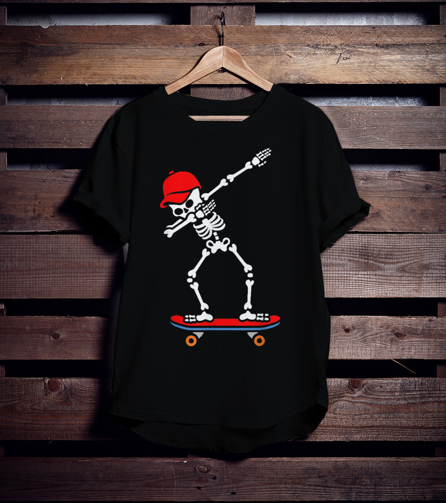 Dabbing Skeleton In Red Cap On Skateboard T-Shirt