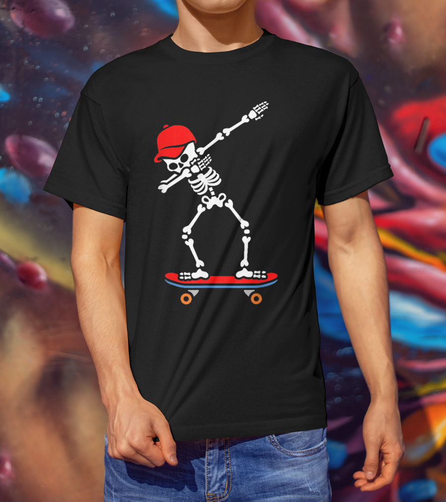 Dabbing Skeleton In Red Cap On Skateboard T-Shirt